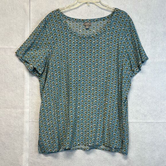 J JILL Top Women's XL Blue Green Short Sleeve Circles Geometric Print Scoop Neck - Picture 1 of 11